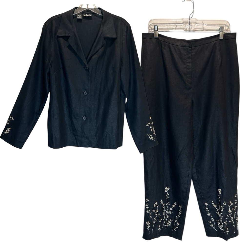 Rafaella Black Linen Embroidered Relaxed Fit Jacket & Pants - Size 10